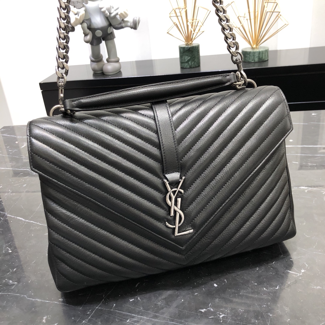 Saint Laurent Lambskin College Handbag Shoulder Bag Black 392738 Silver